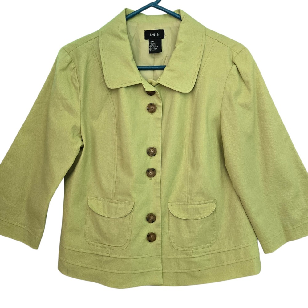 RQT Womens Light Green Linen Blend 3/4 Sleeve Cropped Business Blazer Jacket M